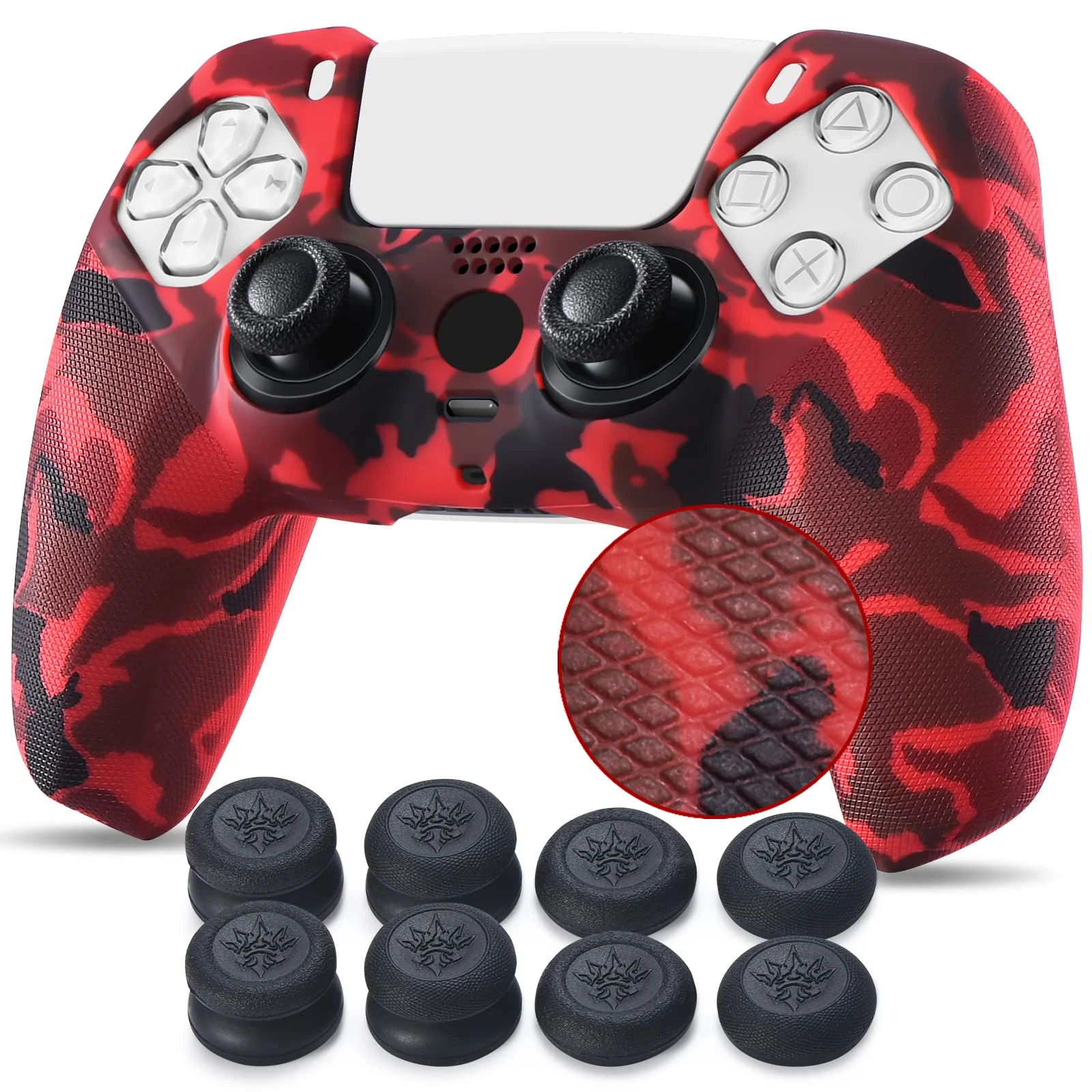 YoRHa Studded Printing Silicone Rubber Customizing Skin Cover for PS5 Dualsense Controller x 1(Red) With Pro thumb grips x 10