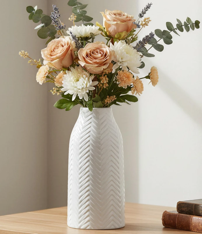 hjn White Vase -Flower Vase for Decor,White Ceramic Vase for Table, Boho Vase for Decor Accents/Living Room/Bookshelf/Mantel/- White Texture(Medium
