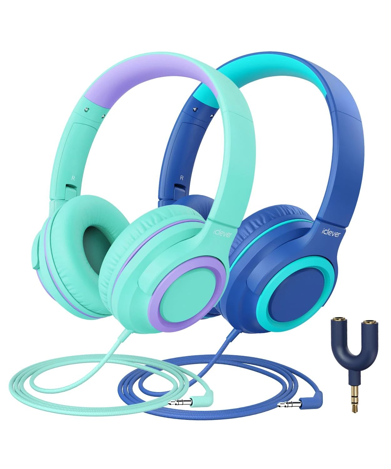 iClever 2 Pack Kids headphones for girls boys 85dBA Safe Volume Limited - Wired Headphones with Sharing Splitter, Tangle-Free Foldable Stereo Headphones for School/Tablet/Travel