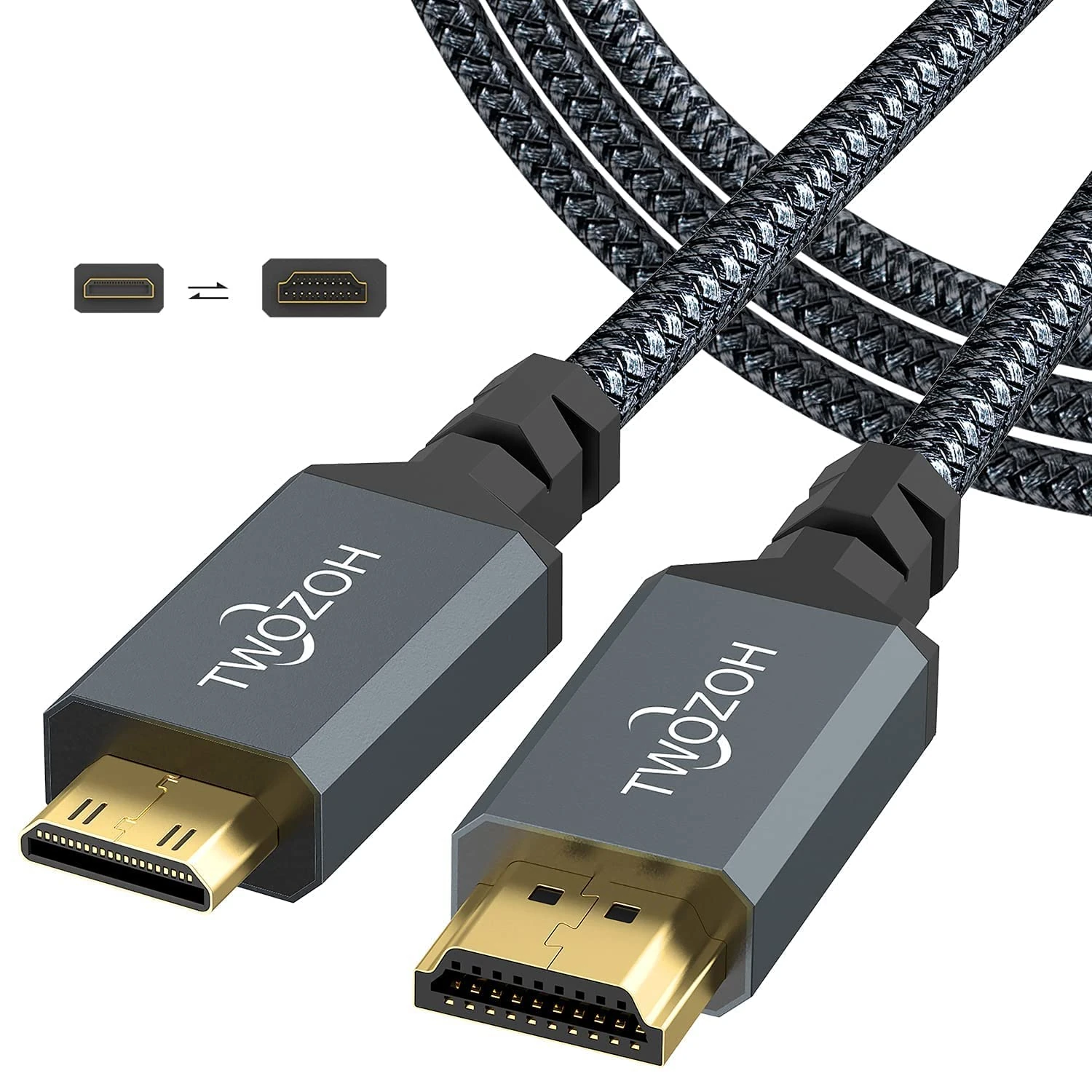 Twozoh Mini HDMI to HDMI Cable 1M, 4K 60Hz High Speed HDMI to Mini HDMI 2.0 Braided Lead