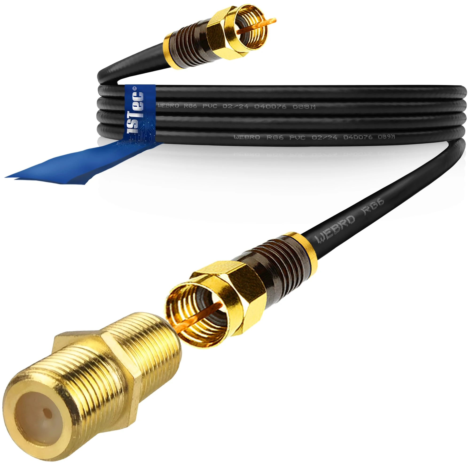 1STec 4m Long Black Gold Plated Male to Male Super Fast Virgin Media Webro RG6 Extension Cable with Female Joining Coupler for V6 TIVO Set Top Box or VIVID Fibre Super Hub Broadband Modems 4 Metre