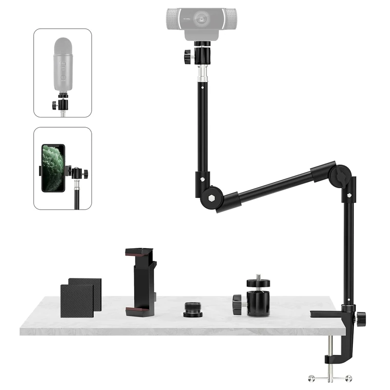 KDD Webcam Stand Camera Mount with Phone Holder & 5/8" Screw, 22in Flexible Projector Stand Gooseneck Desk Mic Stand for Logitech C922 C930e C920 C925e C615 C960 Brio 4K, Blue Yeti Snowball Ice