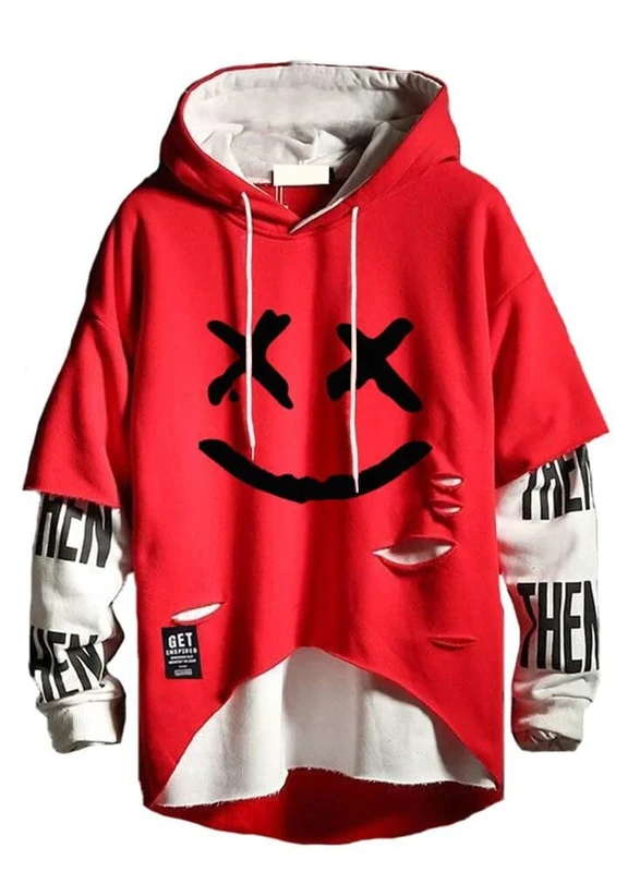 Hello MrLin Men's Techwear Hip Hop Hoodie Japanese Streetwear Patchwork Urban Jumper Red - Image 1