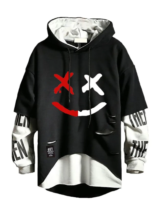 Hello MrLin Men's Techwear Hip Hop Hoodie Japanese Streetwear Patchwork Urban Jumper Black