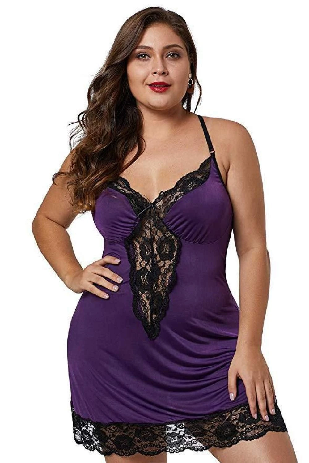 MIYAA Valentine's Day Sexy Lingerie,Ladies Women's Plus Size Sexy Lingerie Set Baby Dolls V-Neck Chemise Night Dress Lace Splice Sleepwear Nightwear With G-String,Purple,3Xl