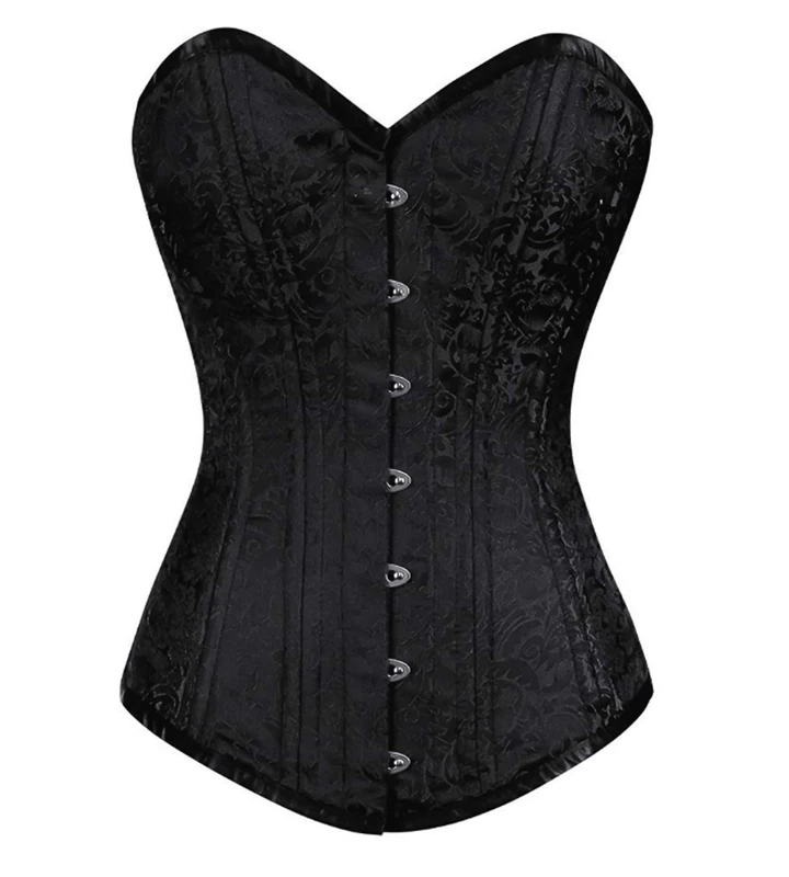 Brocade Black Steel Boned Longline Overbust Corset Basque Top Gothic Costume