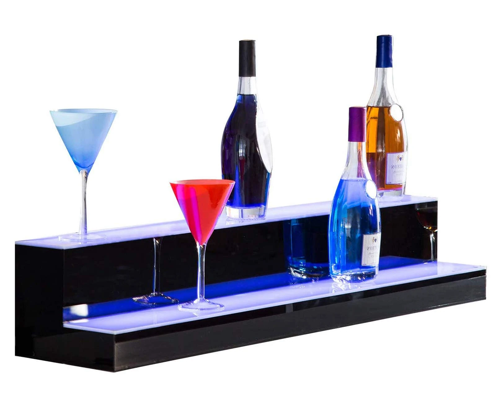 LED Lighted Liquor Bottle Display Illuminated Bottle Shelf 2 Tier, Home Bar Bottle Shelf 2 Step Drinks Lighting Shelves with RF Remote Control Multiple Colors, Remote Control., 80 * 21 * 17cm