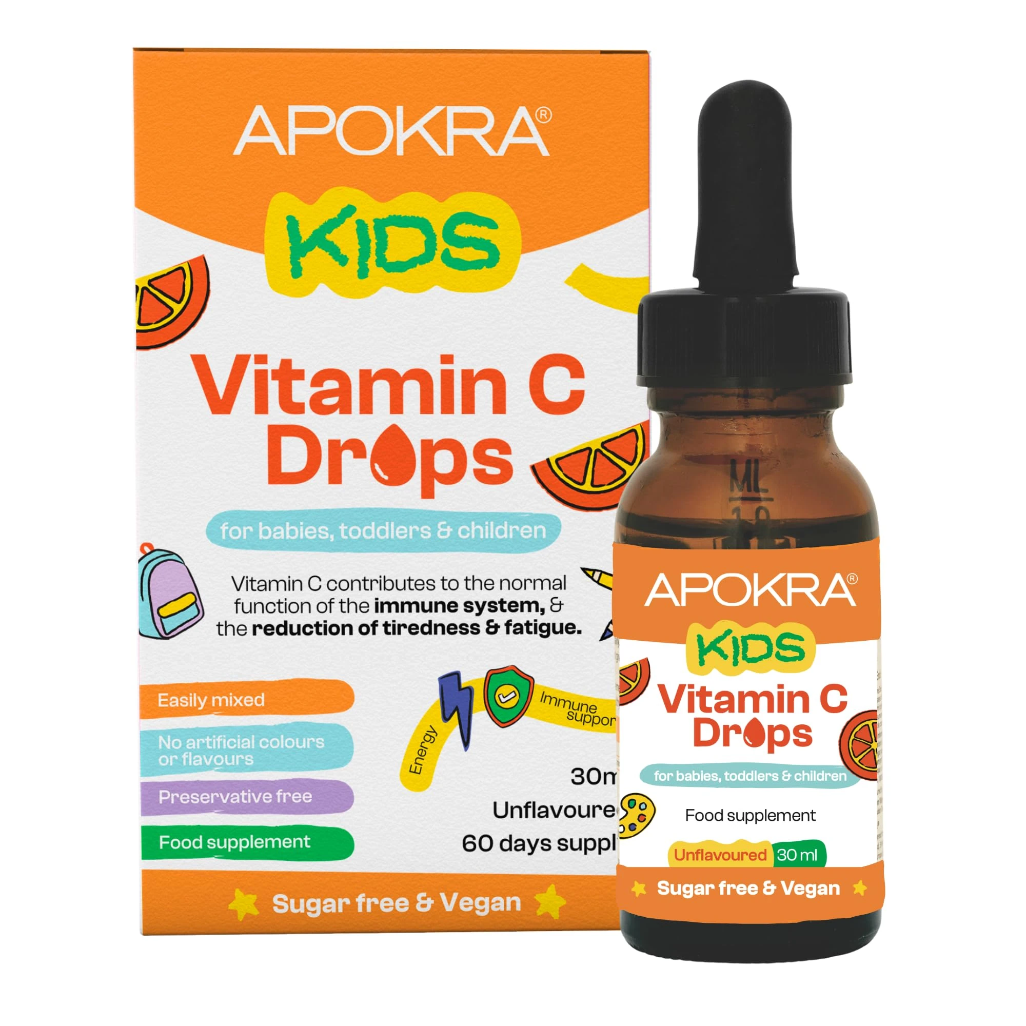 Vitamin C Drops - Vegan - 60 Days Supply – 30mL – Preservative Free and Sugar Free Vitamin C for Kids - VIT C 25mg per 0.5mL | APOKRA Kids