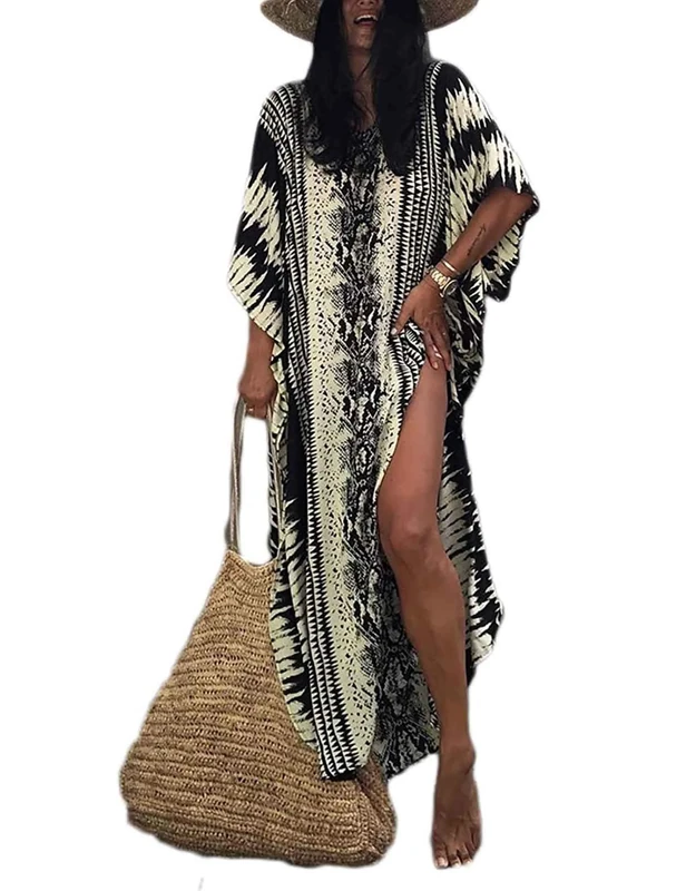 Orshoy Ladies 1/2 Sleeve African Kaftan Tunic Dress Beach Cover UP Fits Loungewear Sleepwear Nightwear A-Black