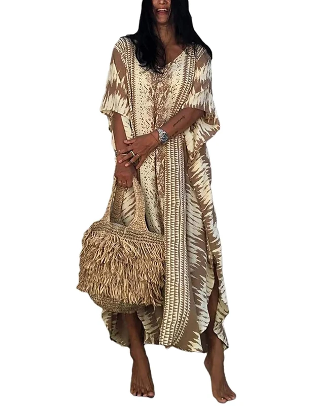 Orshoy Womens Bathing Suit Maxi Beach Cover Ups Beautiful Print Kaftan Dress Summer Swimsuit Swimwear A-Coffee