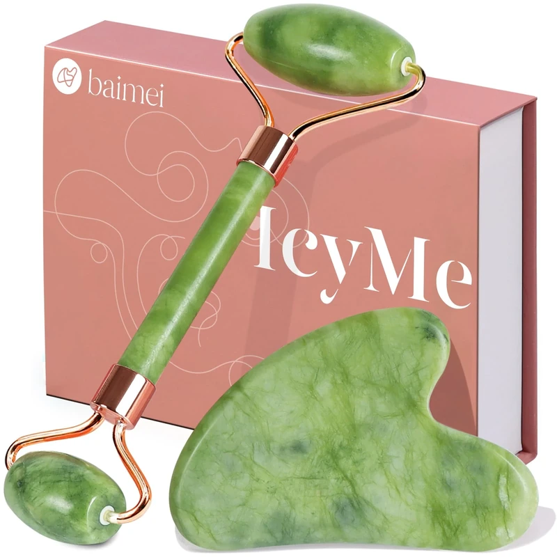 BAIMEI Gua Sha Set and Jade Roller, Jade Gua Sha & Face Rollers for Women, Self Care Gifts for Women, Body Muscle Relaxing, Improve Eye Puffiness, Skin Care Gift