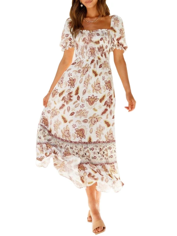 ZESICA Women's 2023 Summer Boho Floral Print Square Neck Ruffle Swing Beach Long Maxi Dress, Ivory, Small