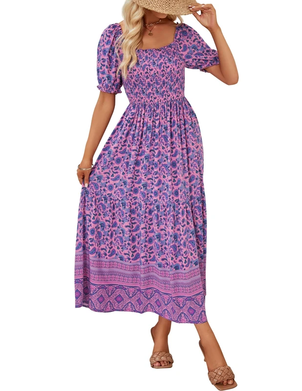 ZESICA Women's 2025 Summer Boho Floral Print Square Neck Ruffle Swing Beach Long Maxi Dress, Purple, Medium