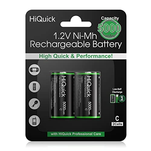HiQuick C Size Rechargeable Batteries 5000mAh, Huge Capacity Recharge Power Plus 1.2V 2 C Battery in Retailer Package