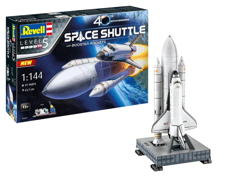 Revell Gift Set 05674 Space Shuttle & Boosters 40th Anniversary 1:144 Scale Unbuilt Plastic Model Kit with Contacta Professional Glue, Paintbrush & Selected Aqua Color Paints