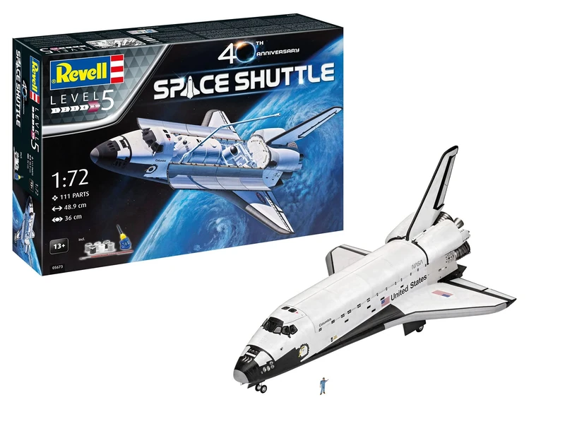 Revell Gift Set 05673 Space Shuttle 40th Anniversary 1:72 Scale Unbuilt Plastic Model Kit with Contacta Professional Glue, Paintbrush & Selected Aqua Color Paints