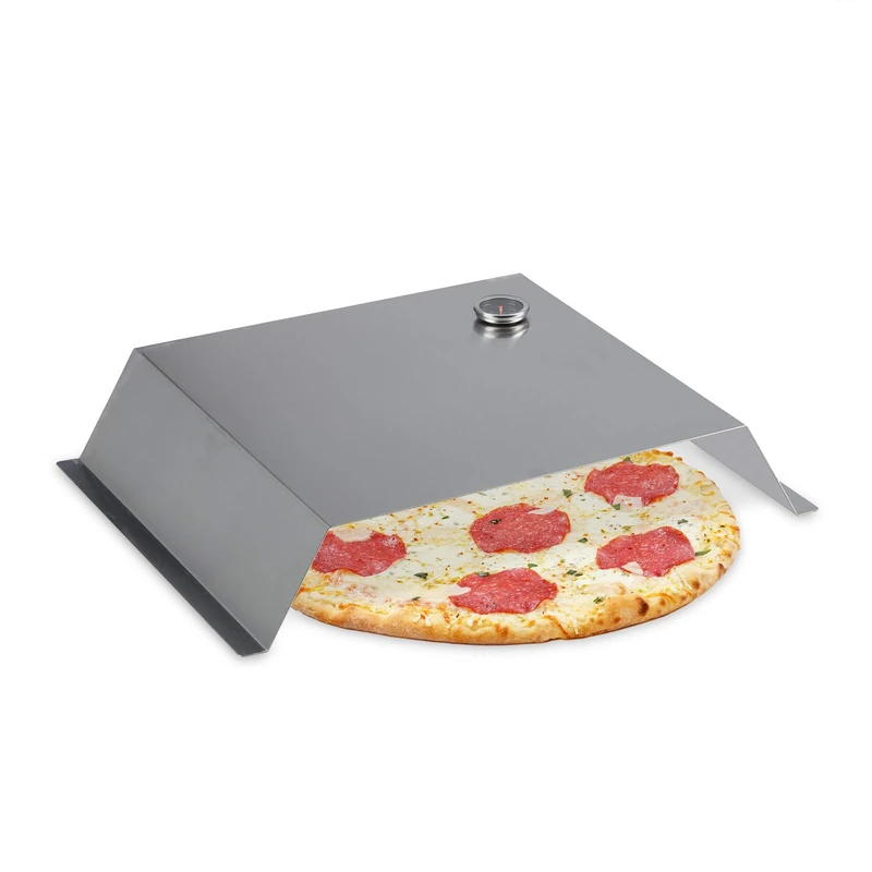 Relaxdays Pizza Oven, Grill Attachment, with Thermometer, BBQ Bonnet, Stainless Steel, HxWxD: 10 x 55.5 x 40 cm, Silver