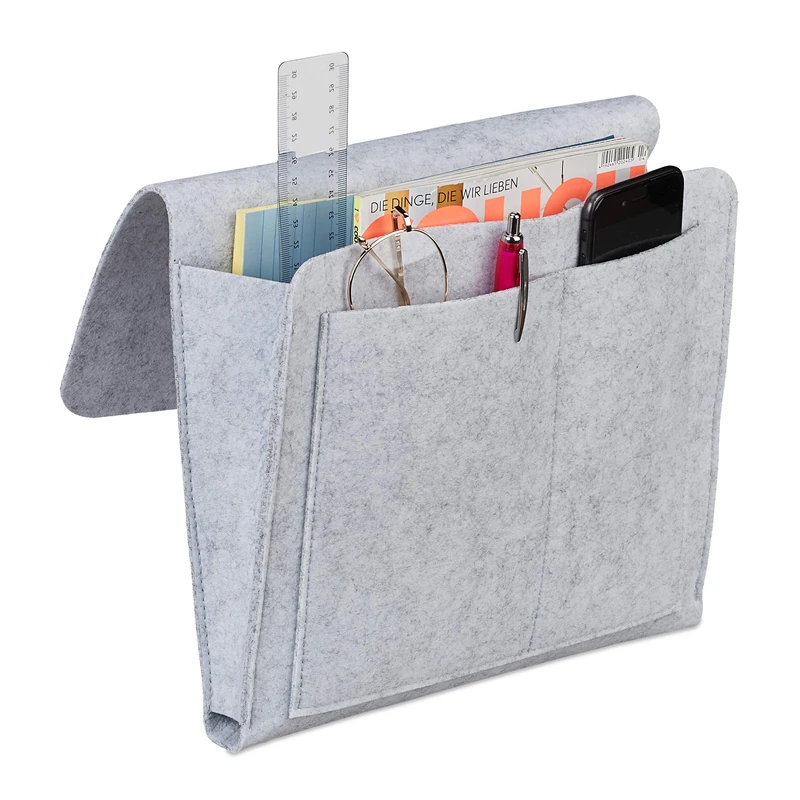 Relaxdays Bed Pocket, Hanging Bedside Storage, 5 Sections, Sofa & Armchair, Felt Organiser, 27 x 31.5 x 5 cm, Light Grey, 26 x 28 x 5 cm