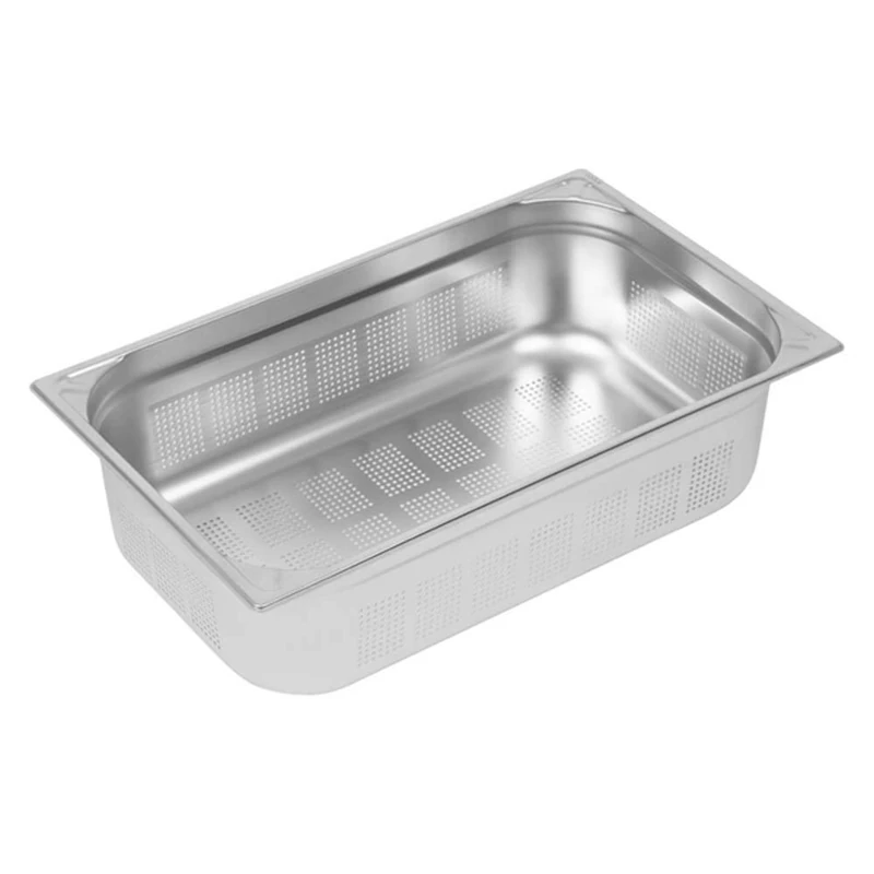 Vogue Heavy Duty Stainless Steel Perforated 1/1 Gastronorm Tray 150 mm Deep, Silver, Dishwasher Safe, Size: 530(H) x325(W) x150(D) mm, Perforations Cooks Food Evenly & Liquid Escapes, DY176