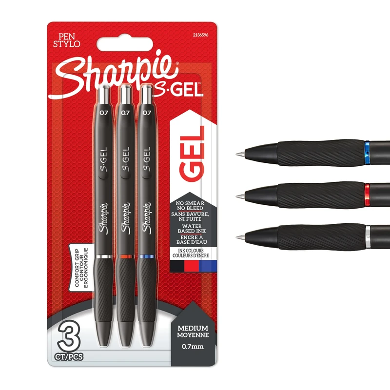 Sharpie S-Gel | Gel Pens | Medium Point (0.7mm) | Black, Red & Blue Ink | 3 Count