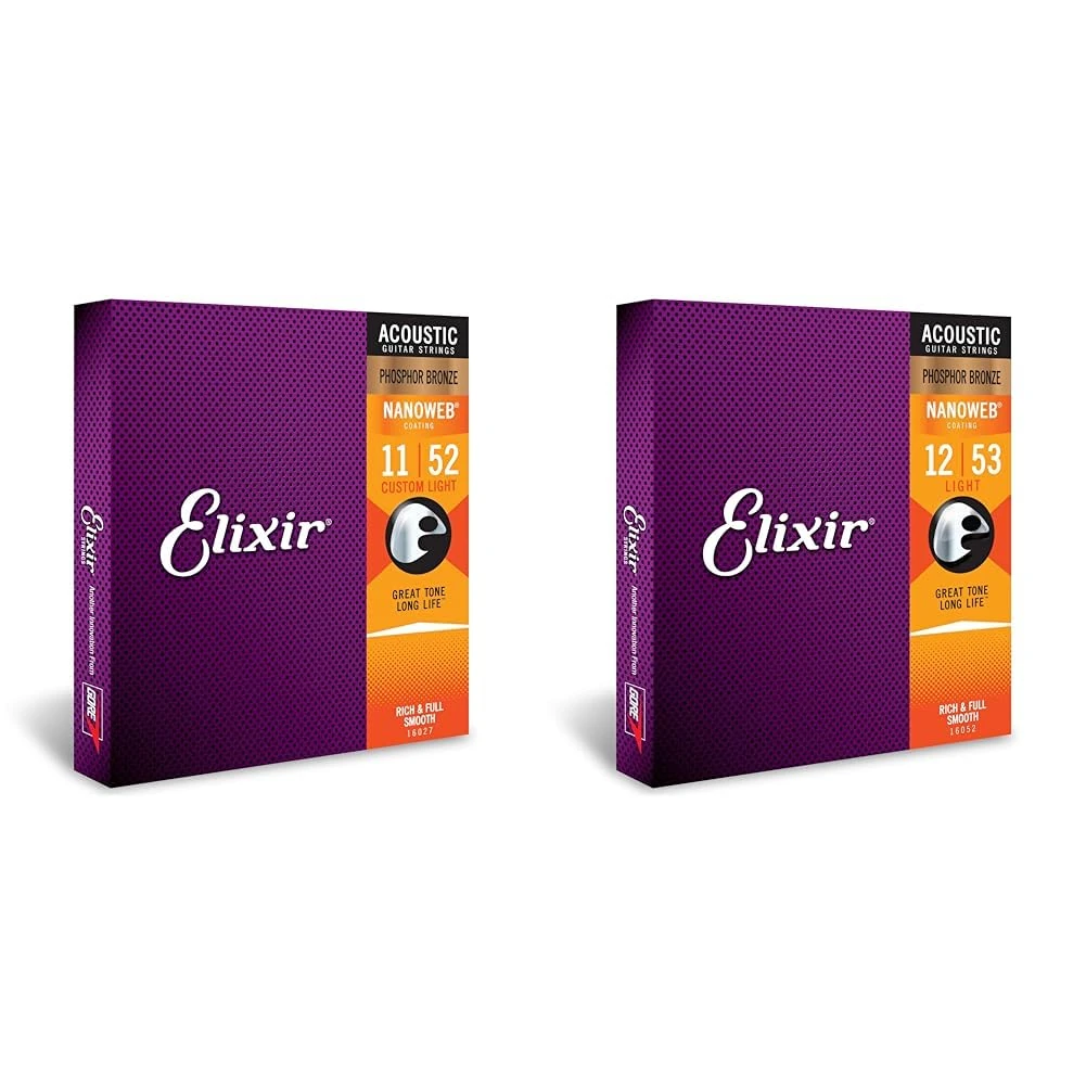 Elixir 16027 Strings Phosphor Bronze Acoustic Guitar Strings w NANOWEB Coating, Custom Light (.011-.052) & 16052 Strings Phosphor Bronze Acoustic Guitar Strings w NANOWEB Coating, Light (.012-.053)