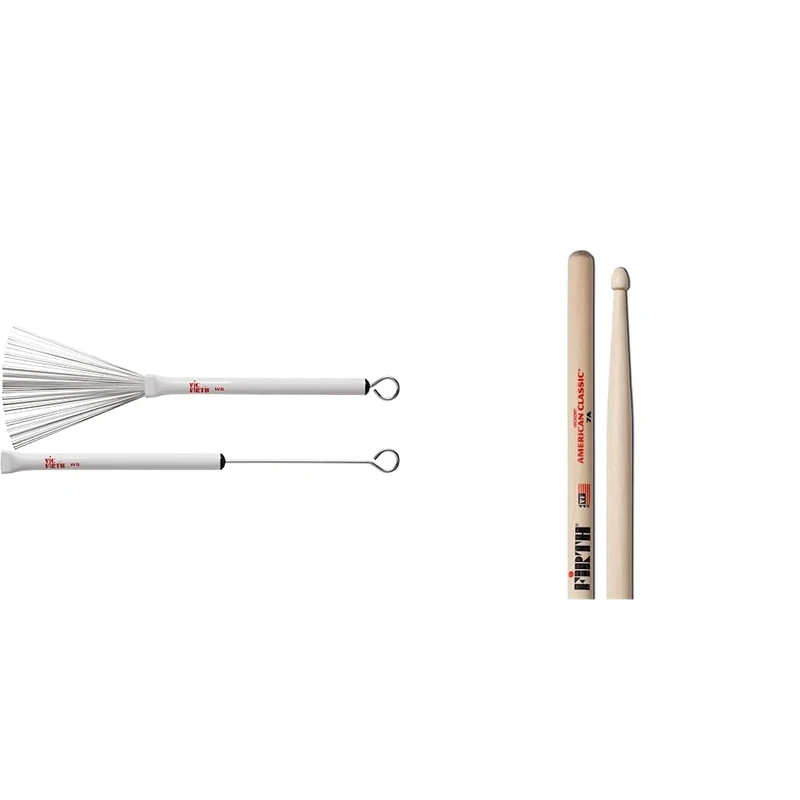 Vic FIrth - Jazz Drum Brushes - Retractable - Heavy Gauge Wire - White Plastic Handle & Vic FIrth - American Classic® Drumsticks 7A - American Hickory - Wood Tip