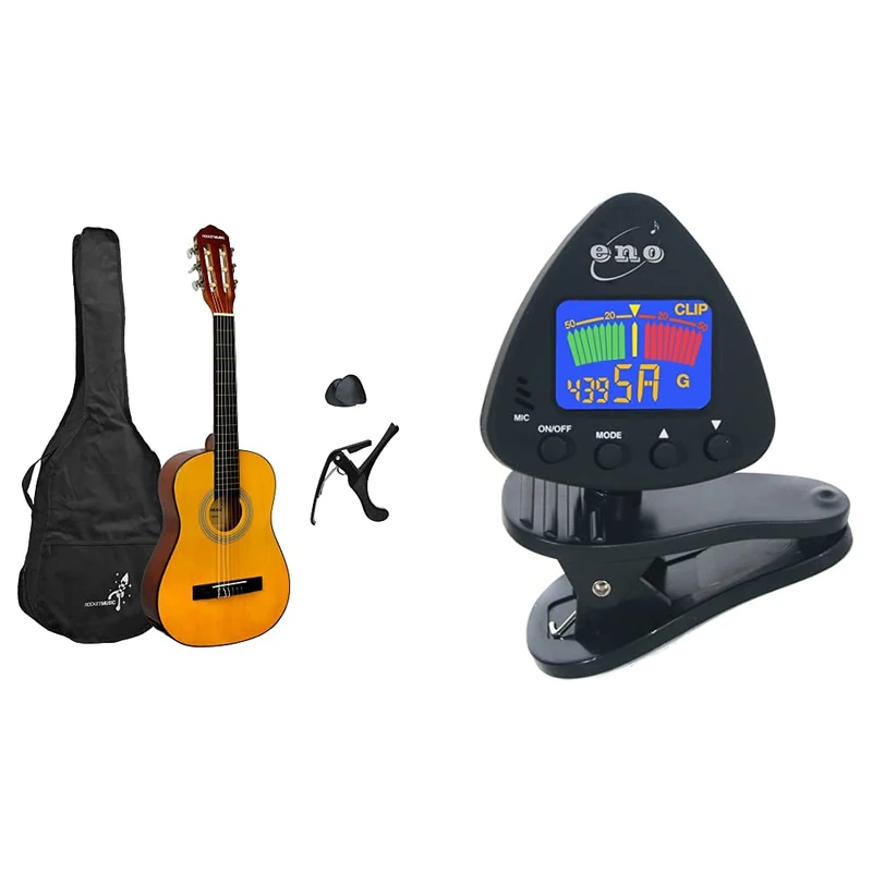 3rd Avenue 1/2 Size Junior Classical Guitar Starter Beginner Pack with Nylon Strings, Gig Bag & ENO 20537 Clip on Multi-Instrument Tuner
