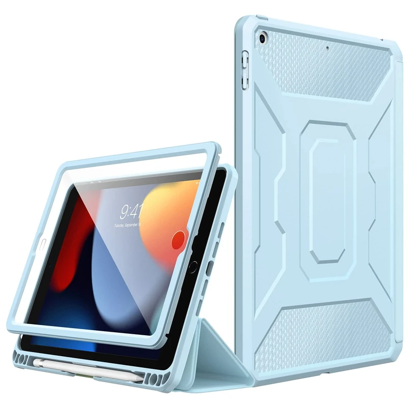 MoKo Case for New iPad 9th Generation 10.2 2021 / iPad 8th Gen 2020 / iPad 7th Gen 2019, iPad 10.2 Case,[Built-in Screen Protector + Pencil Holder] Full-Body Shockproof Cover,Auto Sleep/Wake,Sky Blue