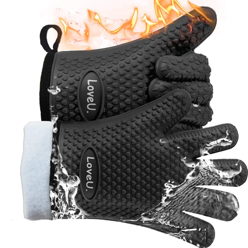 Loveuing Kitchen Oven Gloves - Dual-Layer Heat Resistant Grilling Gloves, Silicone Oven Mitts with 5 Fingers, Waterproof Non-Slip Pot Holder for Barbecue, Cooking, Baking (XL-XXXL, Black)