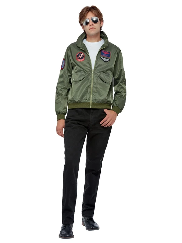 Smiffys Top Gun Maverick Bomber Jacket, Adults Green Jacket with Applique Badges, Official License Outfit, Faux Leather, Official Top Gun Halloween Fancy Dress - Image 1