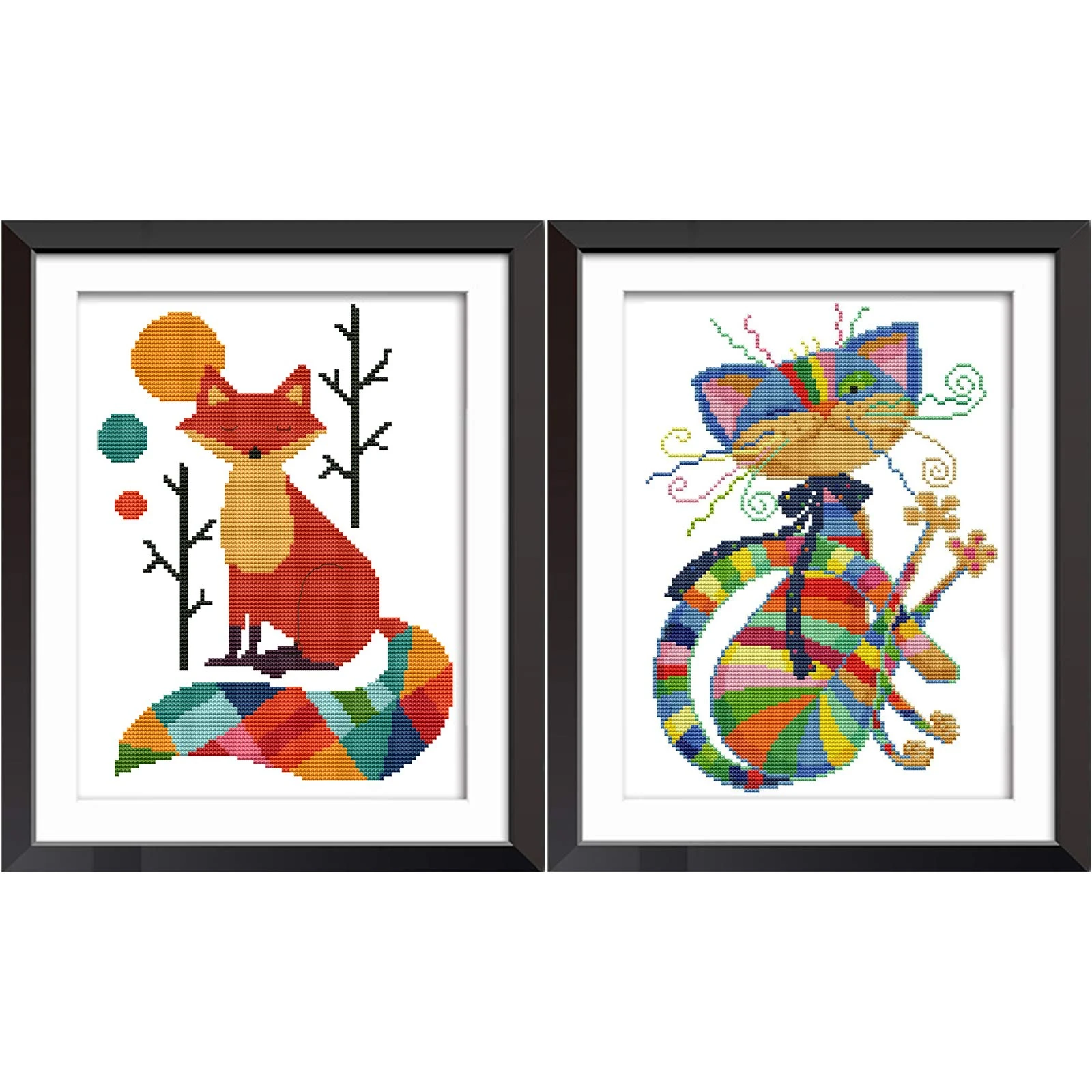 2 Pack Cross Stitch Kits for Stamped DIY Cross Stitch Kits Easy Patterns Embroidery Seven Colour Fox and Cat for for Adults Girls Kids Home Decoration