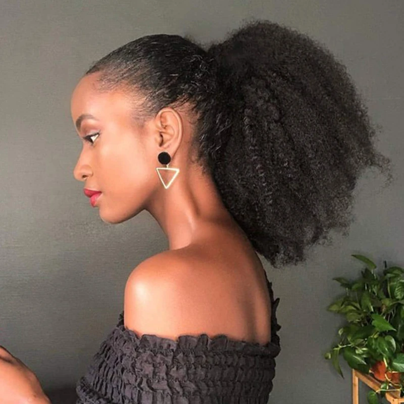 Afro Puff Drawstring Ponytail Bun For Black Women 150% Density 10A Brazilian Virgin Human Hair 4C Afro Kinky Curly Clip In Ponytail Extension Human Hair Pieces 120g Natural Color 10 Inch - Image 1