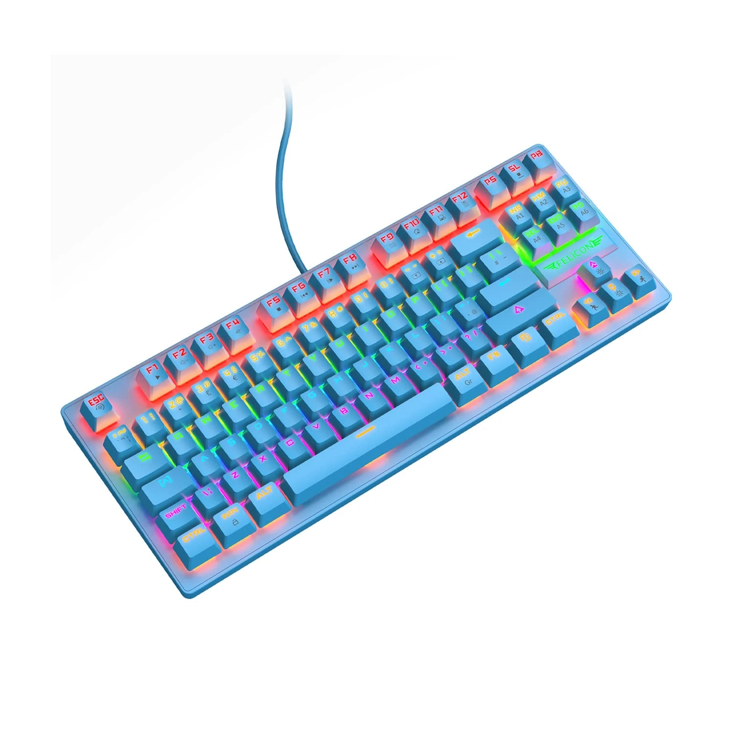 FELiCON RK2 Wired 80% Percent Mechanical Gaming Keyboard UK Layout RGB Rainbow Light Up Keyboard Ultra-Compact TKL 88 Keys Ergonomic Adjustable Stand Waterproof for PC Mac PS4 Xbox-Blue Switch/Blue