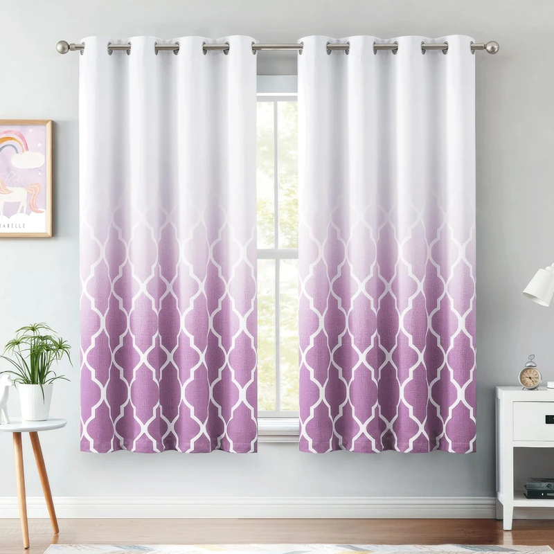 Metro Parlor Ombre Full Blackout Curtains 63 Inches Length 2 Panels for Living Room Bedroom Purple White Moroccan Printed Grommet Top Room Darkening Window Treatments Drapes - Image 1