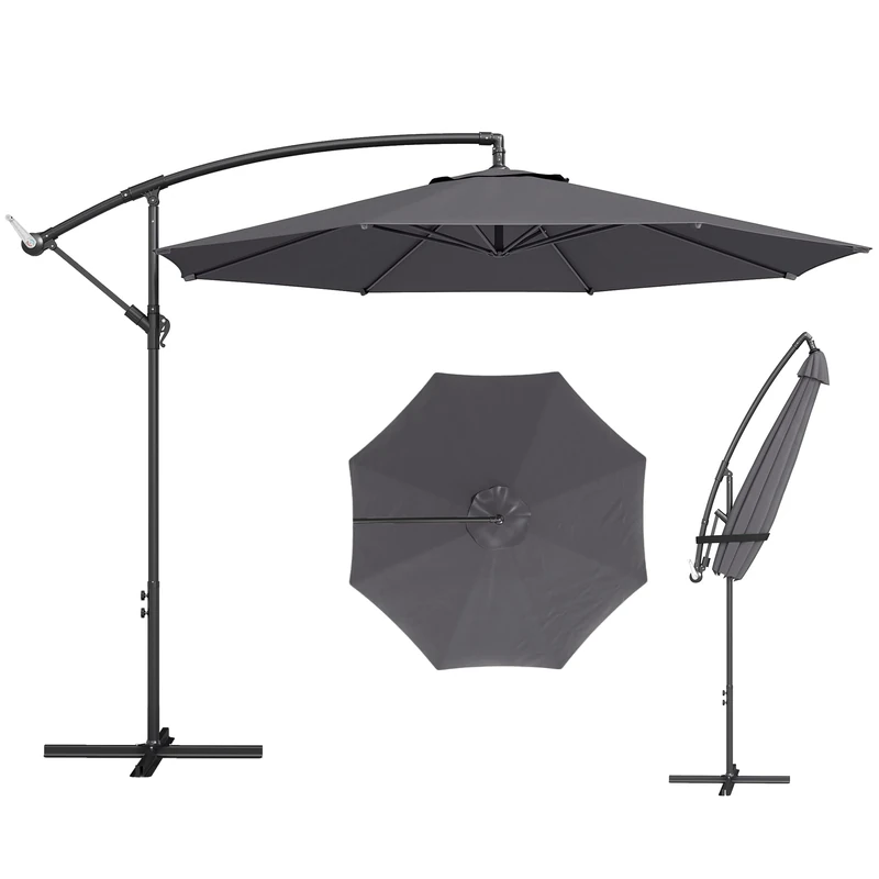 Outsunny 3(m) Garden Banana Parasol Hanging Cantilever Umbrella with Crank Handle, 8 Ribs and Cross Base for Outdoor, Sun Shade, Grey