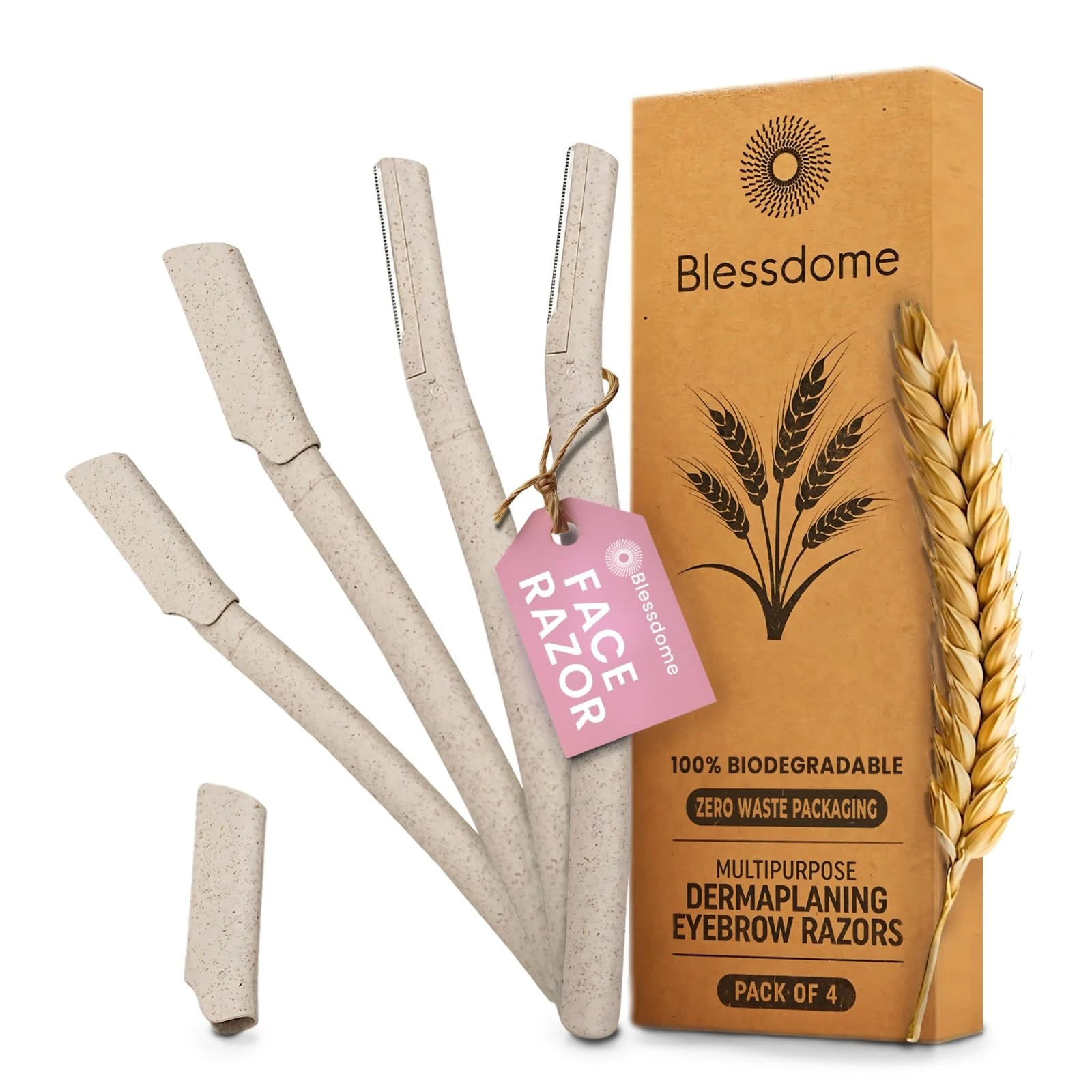 BLESSDOME 4Pcs Biodegradable Wheat Straw Eyebrow Razor Shaper for Women | Peach Fuzz & Facial Hair Remover and Trimmer | Exfoliating Dermaplane Tool |Eco-Friendly Dermaplaning Blades for Face