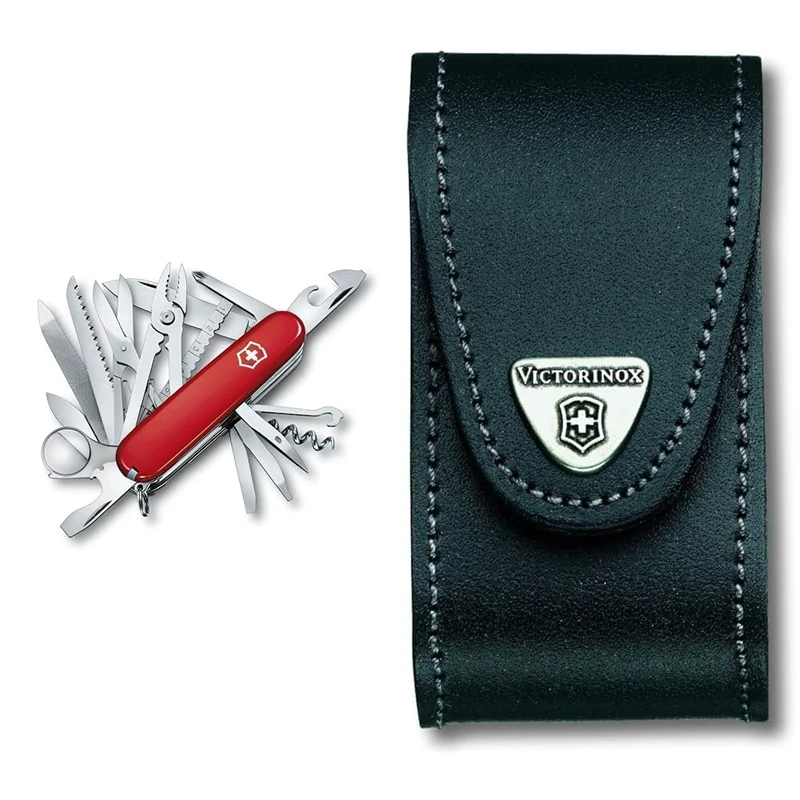 Victorinox Swiss Champ Swiss Army Knife, Medium, Multi Tool, 33 Functions, Blade, Scissors, Red & Leather Pouch for Swiss Army Pocket Knives, 3,5cm x 10cm, Black, L
