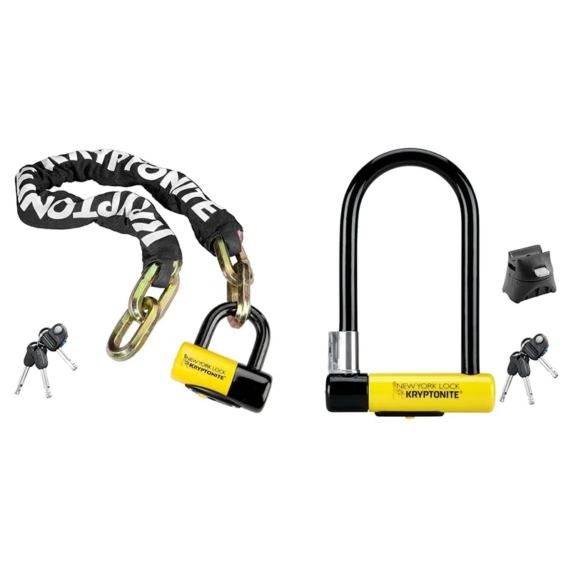 Kryptonite New York Fahgettaboutit Chain Lock - 100cm - Black/Yellow & New York Standard Lock with Flex Frame U-Bracket - Yellow, Standard Shackle