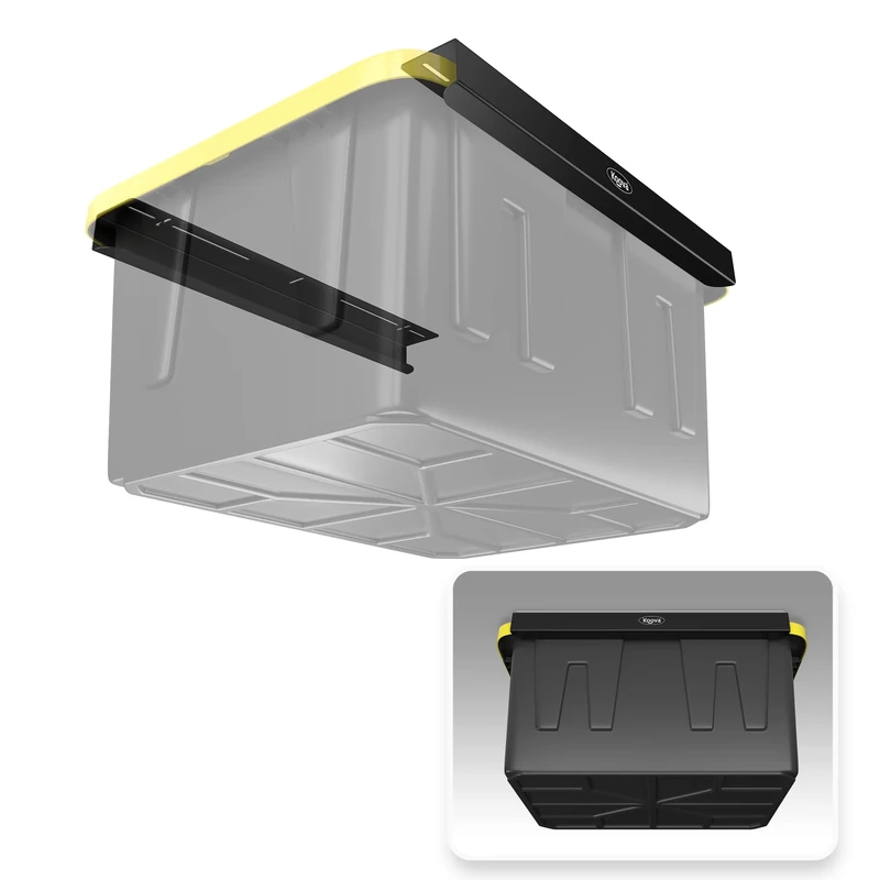 Koova Overhead Garage Storage Racks for Utility Bins, Frame Rails with Hardware, Heavy Duty Steel Ceiling Hangers, Container Organization, DIY Mounting System (One Bin Rack)