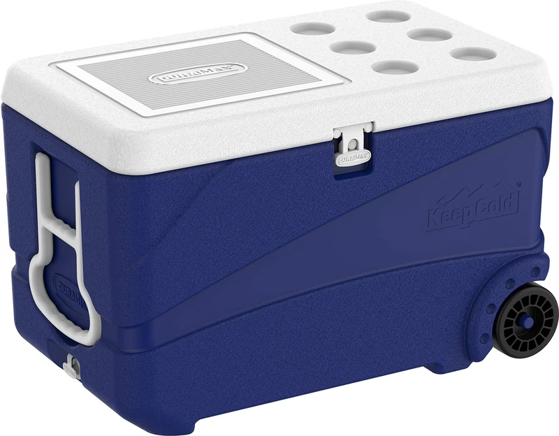 Duramax Deluxe Icebox 80 High performance cool box with PU Insulation, Icebox with ergonomic handles and wheels for easy mobility & handling, Cup holders on lid, Cooler box, Blue - Image 1