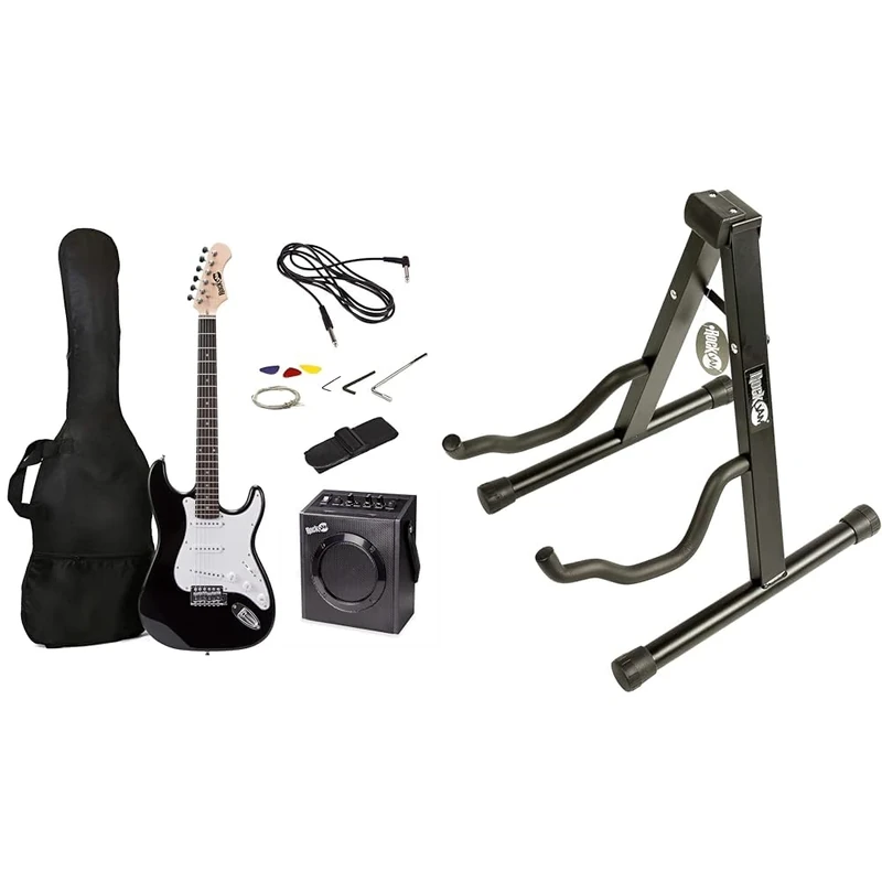 RockJam Full Size Electric Guitar Kit with 10-Watt Amp - Black & RJGS01 Universal Guitar Stand