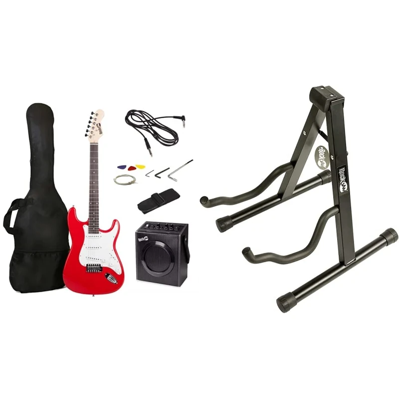 RockJam Full Size Electric Guitar Kit with 10-Watt Guitar Amp - Red & RJGS01 Universal Portable A-frame Guitar Stand for Acoustic Guitar, Electric Guitar & Bass Guitar, Black, 11.0 in*1.9 in*13.7 in