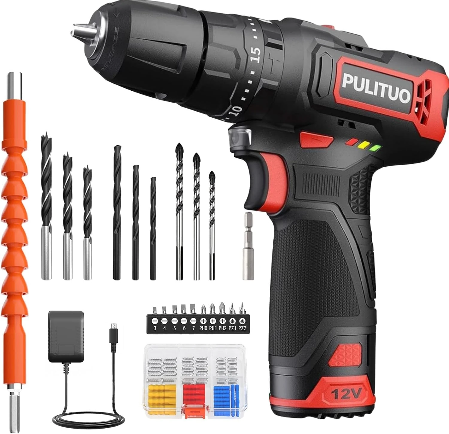 PULITUO 12V Cordless Drill and Driver Impact Tool, 35Nm of Torque, 50Pcs Bit Set, Screwdriver and Drill with 3/8" Chuck, Dual Speed 1.5Ah Battery, LED Light for Cement, Concrete, Ceiling, Brick, Wall