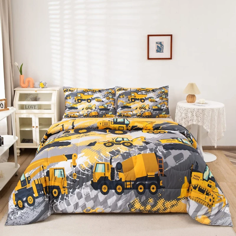 Feelyou Boys Cartoon Car Bedding Set Twin Size Kids Construction Vehicles Comforter for Kids Children Cartoon Machinery Truck Comforter Set Construction Site Cars Duvet Set Full Size 3Pcs