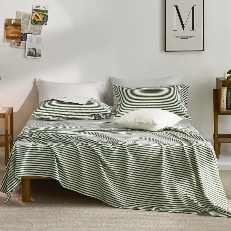 JELLYMONI 100% Cotton Queen Sheet Set, Green Striped