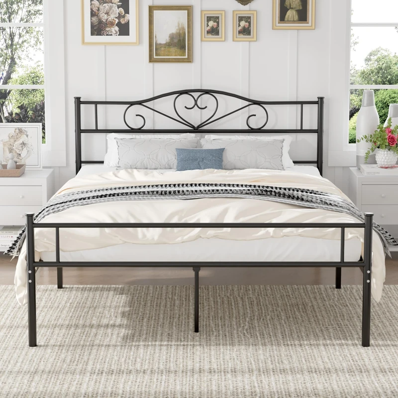 VECELO Double Bed Frame Metal 4ft6 Platform with Headboard and Footboard, Mattress Foundation, No Box Spring Needed, Easy Assembly