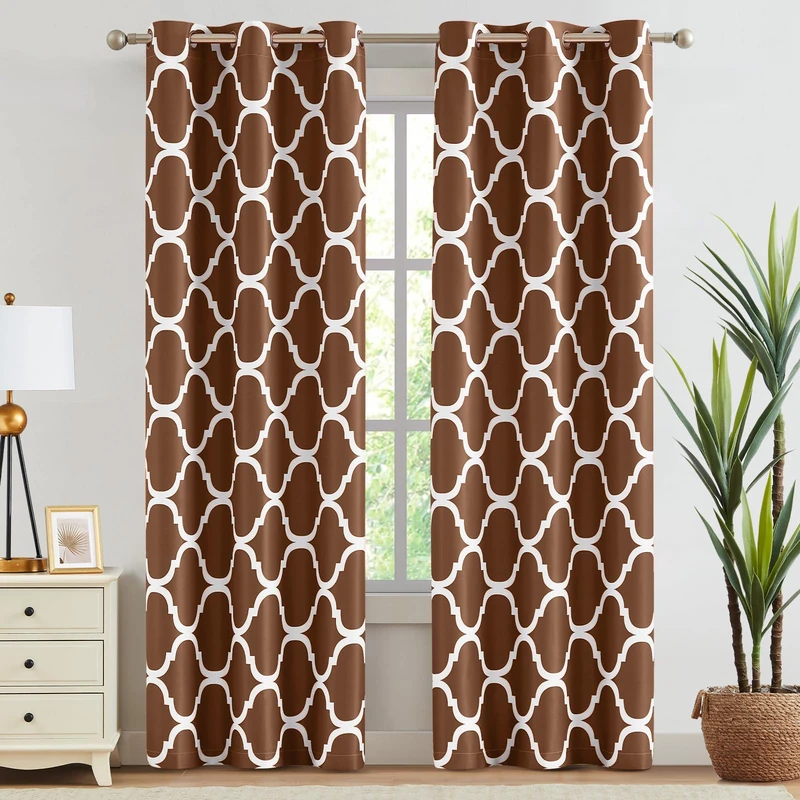 Melodieux Moroccan Fashion Thermal Insulated Room Darkening Blackout Grommet Curtains for Living Room, 42 by 96 Inch, Brown (2 Panels)