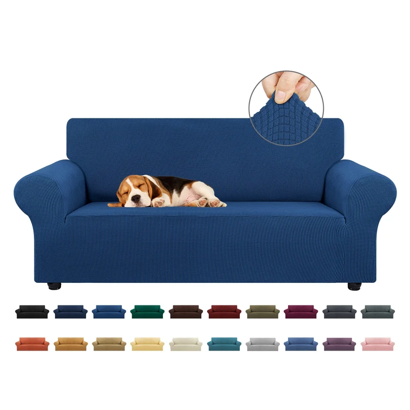 KEKUOU Stretch Loveseat Sofa Cover Slipcover,Couch Covers for 2 Cushion Couch Sofa (55"-79") Furniture Protector Sofa with Elastic Bottom for Kids,Dog. Jacquard Small Checked (Medium,Classic Blue)