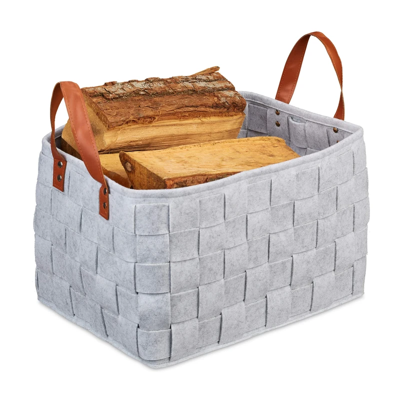 Relaxdays Felt Storage Basket, Foldable Firewood Bag, Basket with Faux Leather Handles, HWD: 26 x 40 x 30 cm, Light Grey