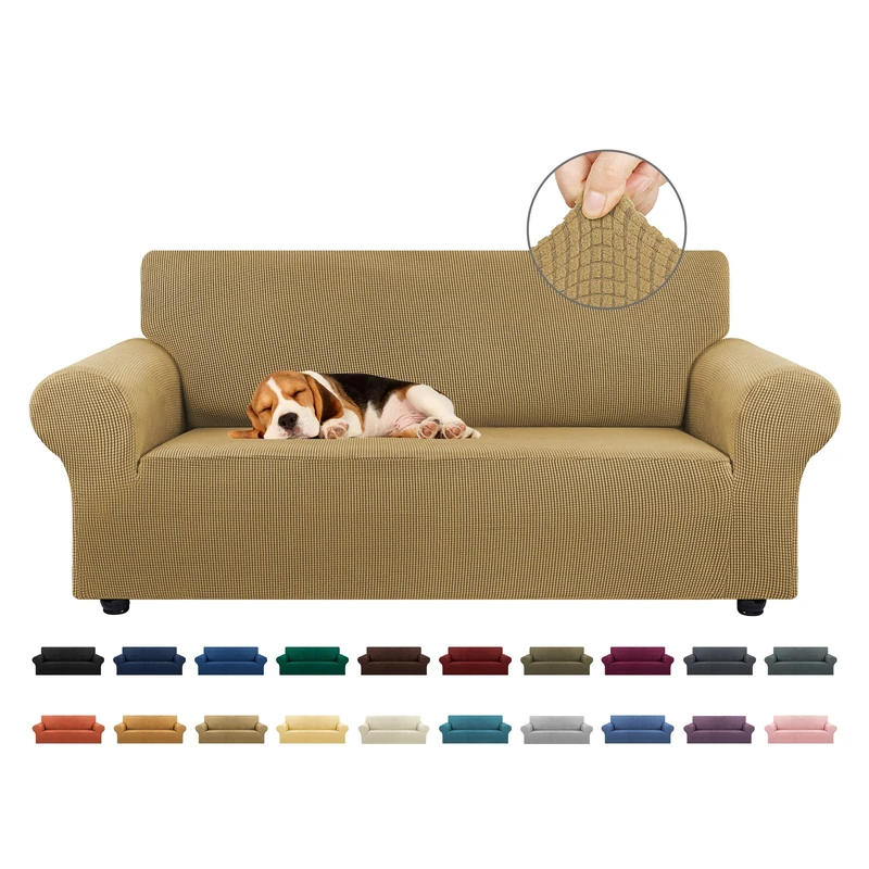 KEKUOU Stretch Loveseat Sofa Cover Slipcover,Couch Covers for 2 Cushion Couch Sofa (55"-79") Furniture Protector Sofa with Elastic Bottom for Kids,Dog. Jacquard Small Checked (Medium,Tan)